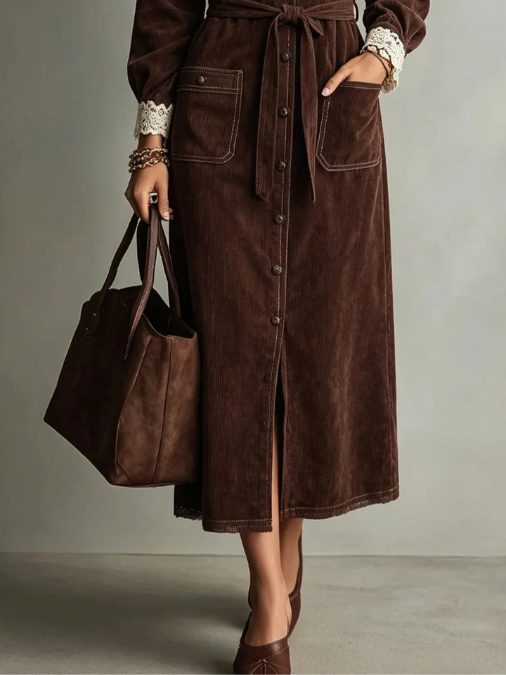 KARIN | BROWN CORDUROY LACE-COLLAR SHIRT DRESS