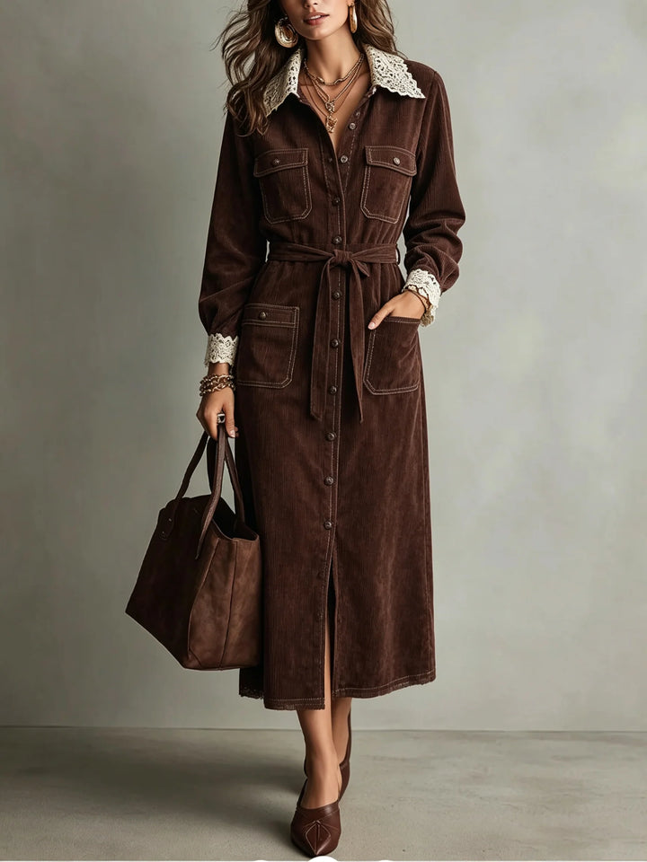 KARIN | BROWN CORDUROY LACE-COLLAR SHIRT DRESS