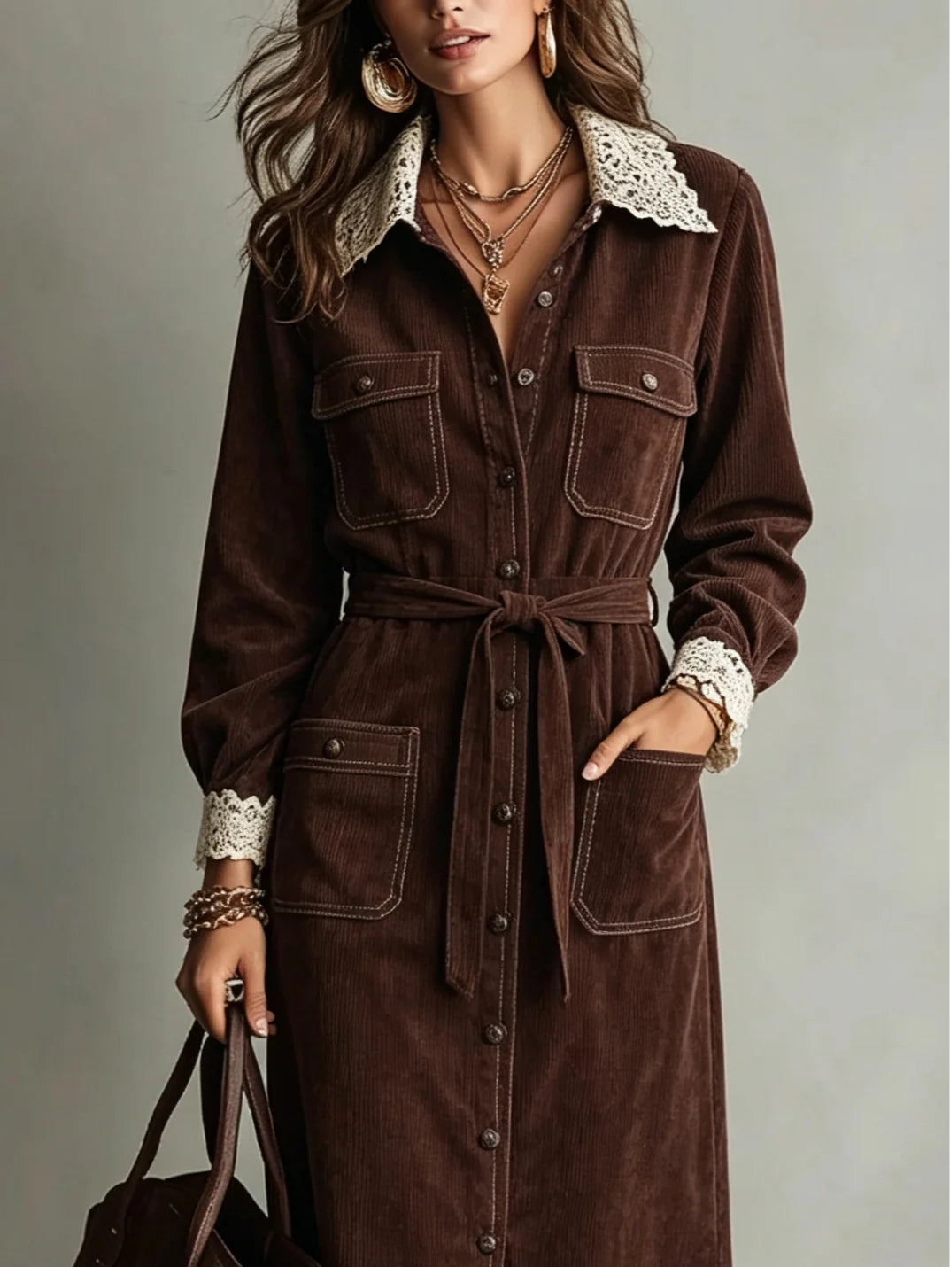 KARIN | BROWN CORDUROY LACE-COLLAR SHIRT DRESS