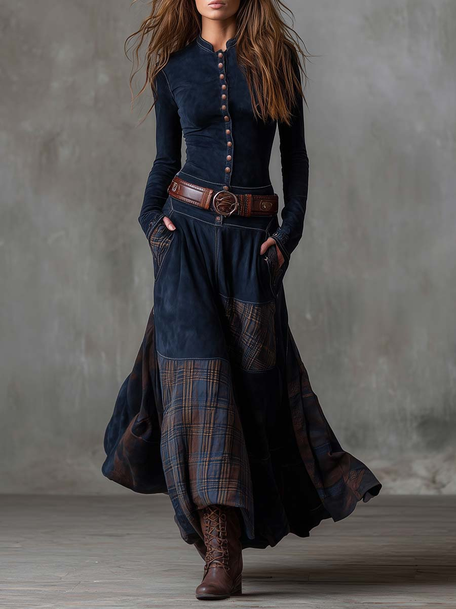 ELISA | VINTAGE SUEDE PLAID MAXI DRESS