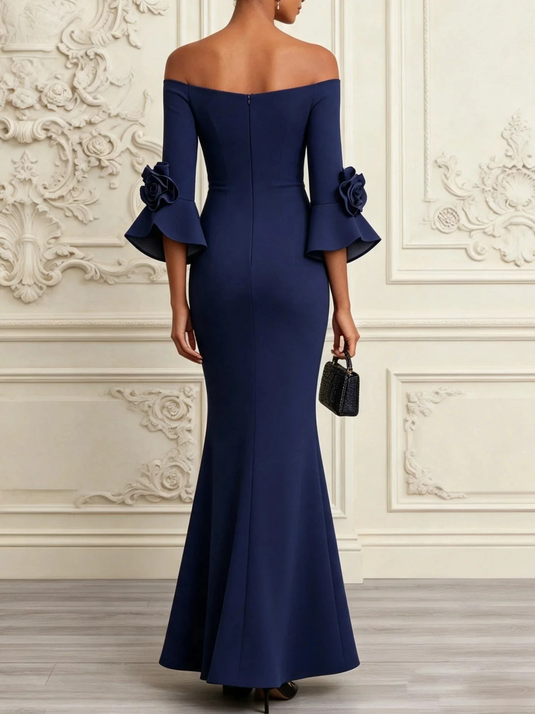 ELENA | NAVY 3D FLORAL MERMAID MAXI DRESS