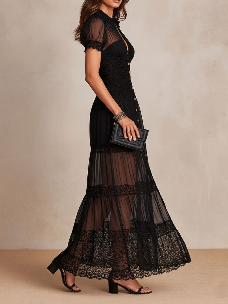 ISADORA | LACE BUTTON-FRONT MAXI DRESS