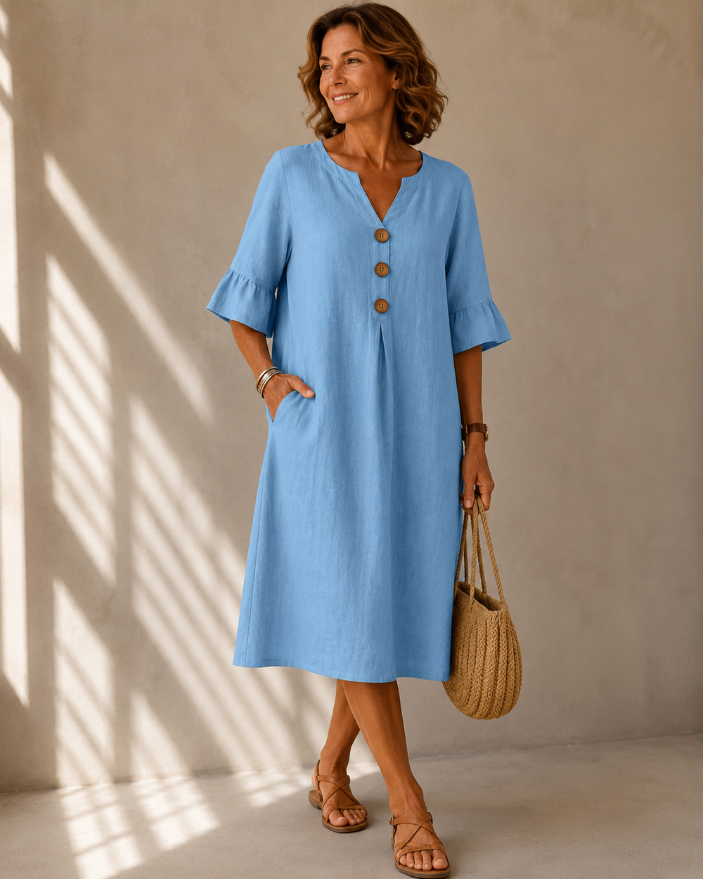 LEAH | BUTTON-FRONT RUFFLE-SLEEVE MIDI DRESS