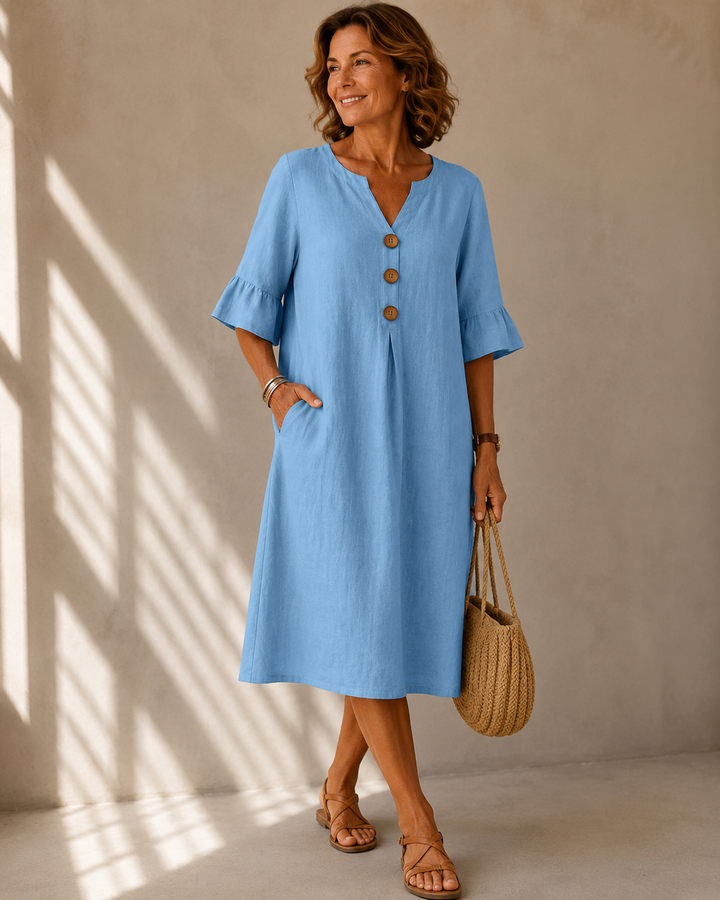 LEAH | BUTTON-FRONT RUFFLE-SLEEVE MIDI DRESS