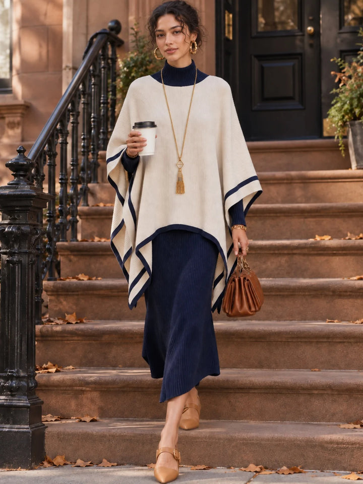 GABRIELLE | NAVY &amp; CREAM RIBBED PONCHO MIDI DRESS