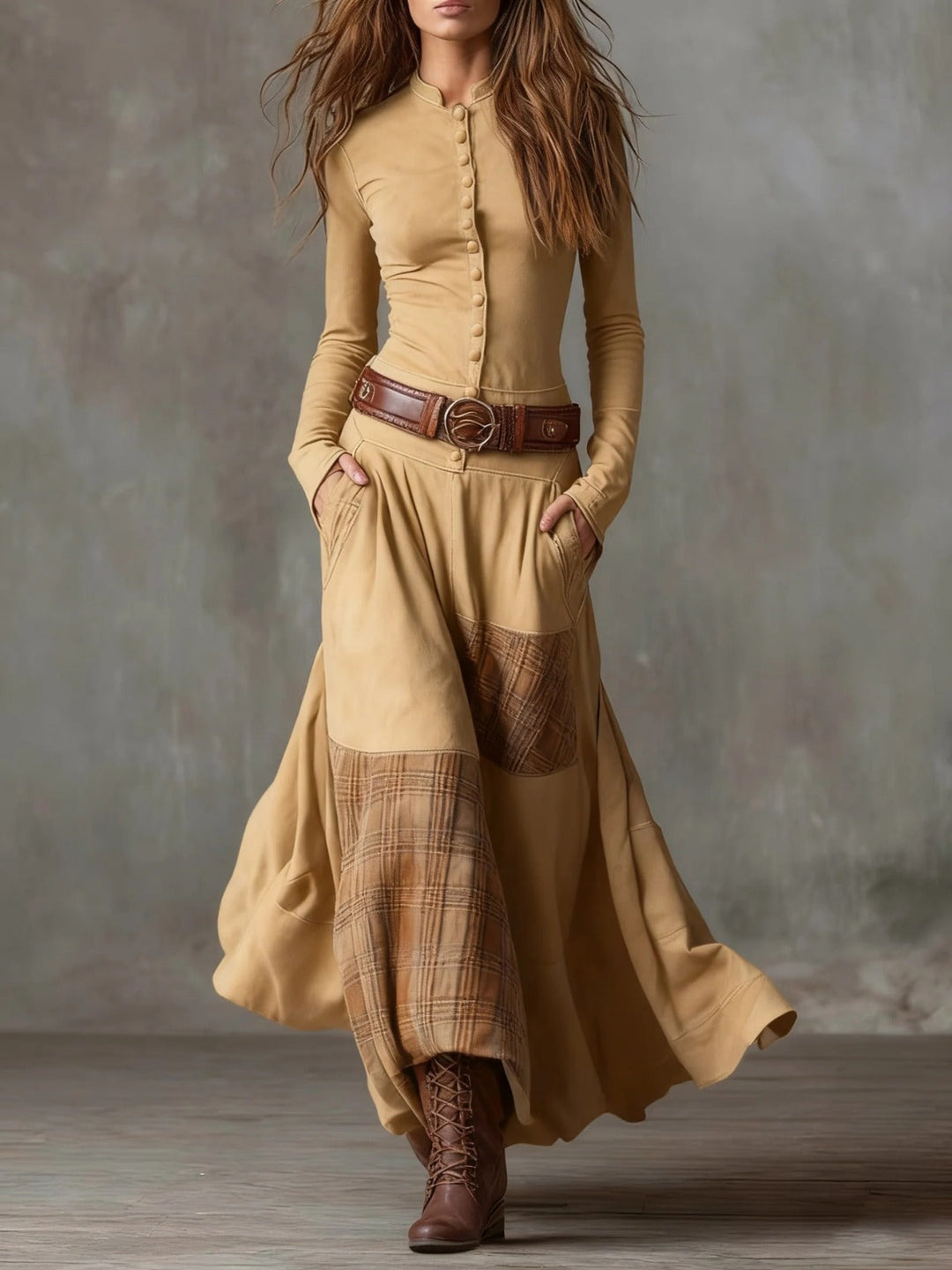 ELISA | VINTAGE SUEDE PLAID MAXI DRESS