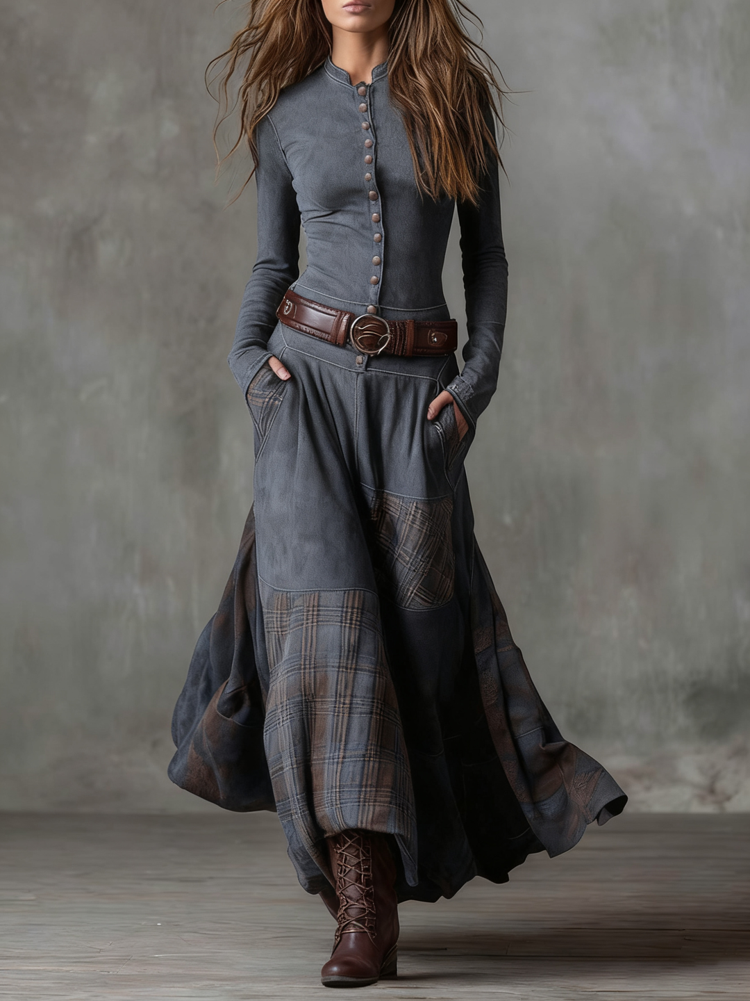 ELISA | VINTAGE SUEDE PLAID MAXI DRESS