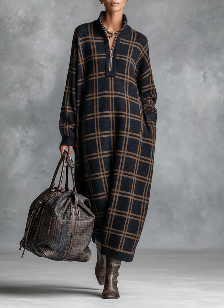 KAJA | PLAID HALF-ZIP KNIT MAXI DRESS