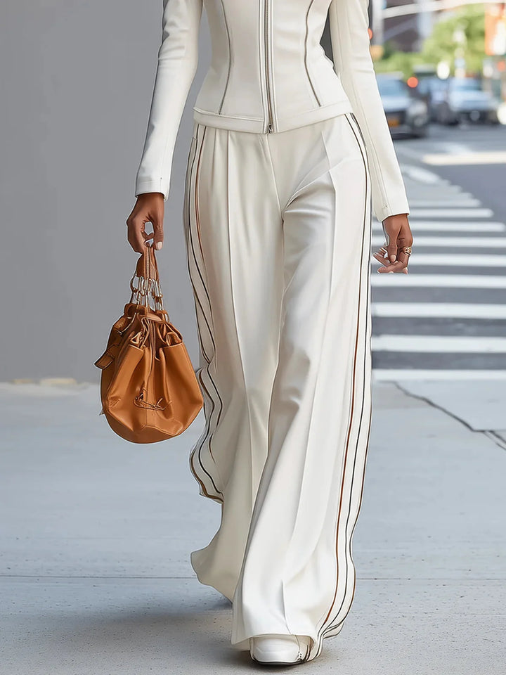 ABIGAIL | WHITE ZIP-UP TOP &amp; WIDE-LEG PANTS SET
