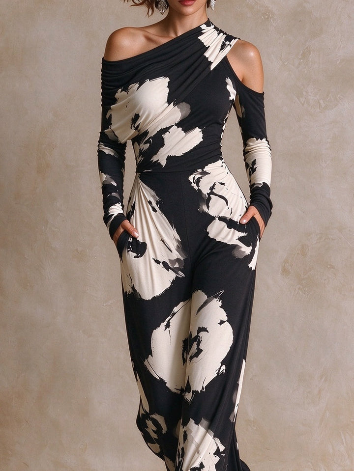 ZARIA | ABSTRACT-PRINT ONE-SHOULDER JUMPSUIT