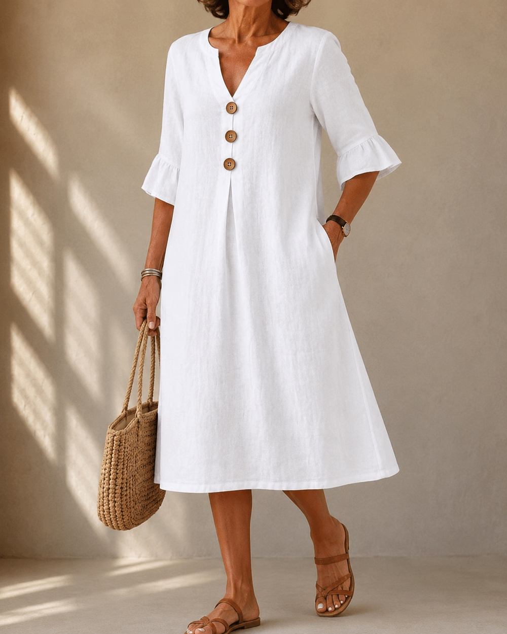 LEAH | BUTTON-FRONT RUFFLE-SLEEVE MIDI DRESS