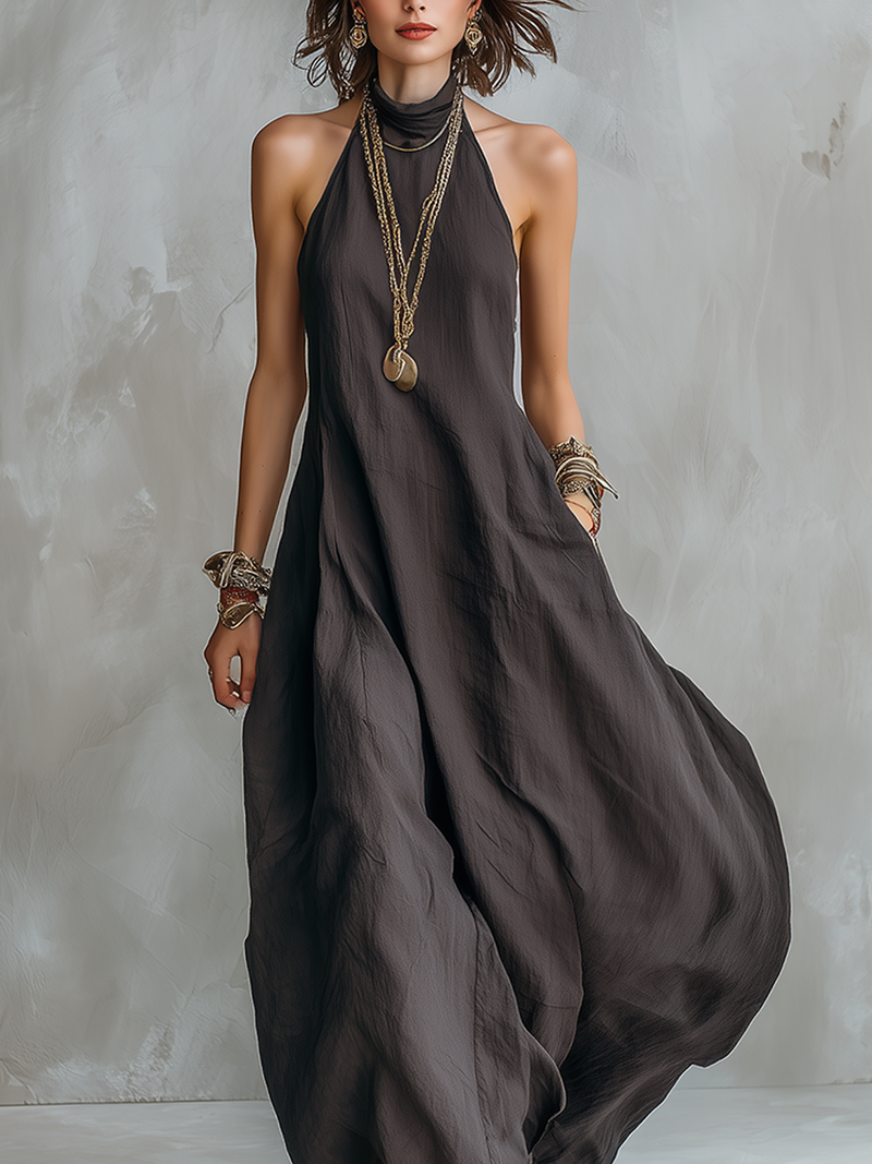 YARA | FLOWING CHARCOAL HALTER MAXI DRESS