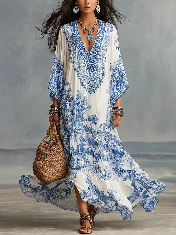 IRIS | BLUE PORCELAIN PRINT V-NECK DRESS