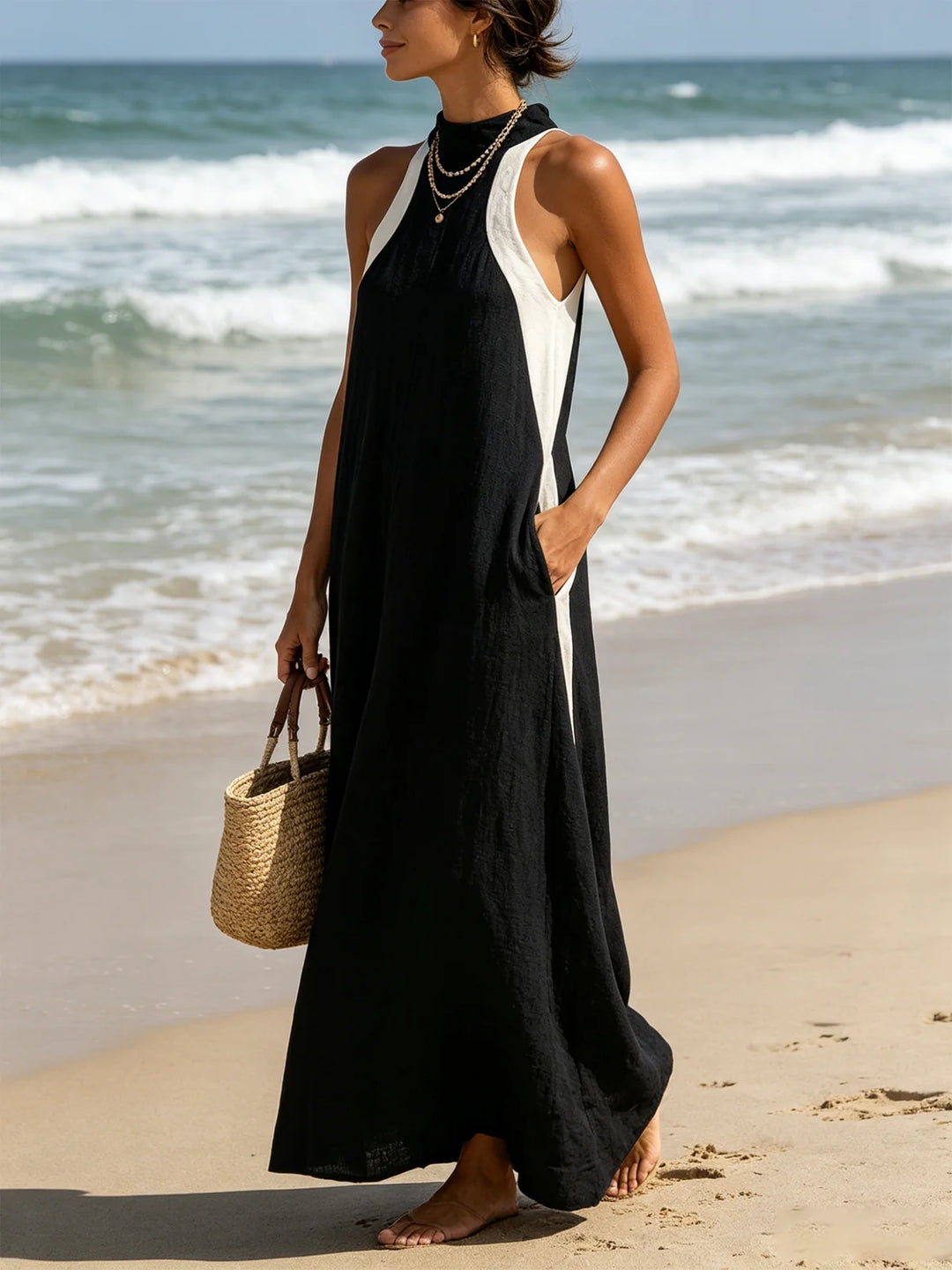 MARIS | BLACK &amp; WHITE HALTER MAXI DRESS