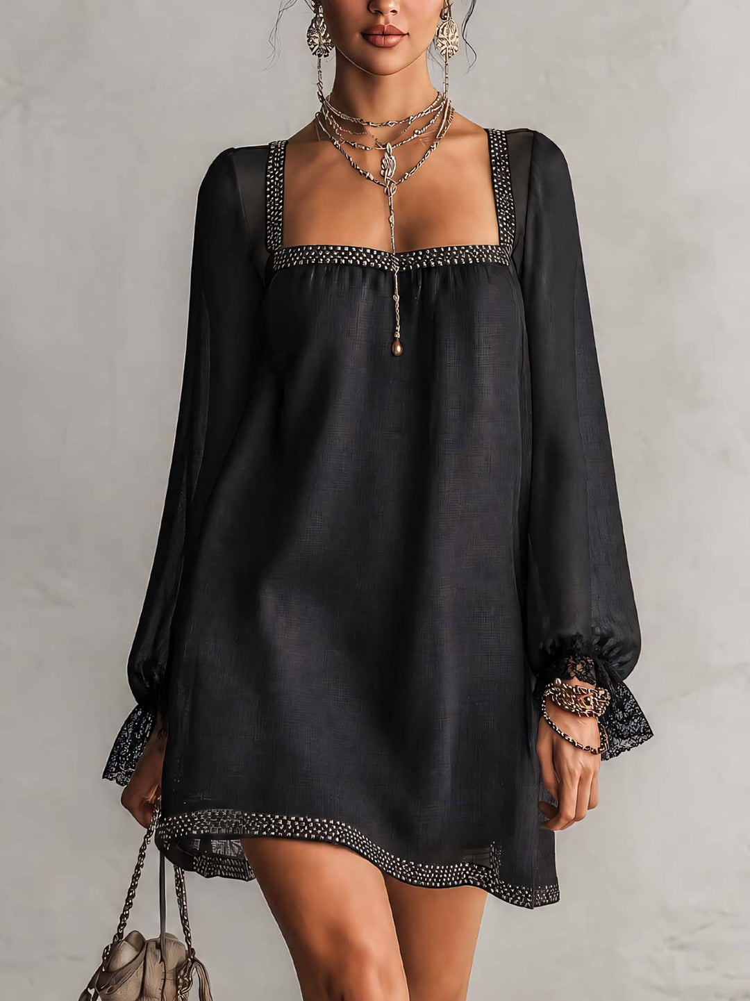 BIANCA | RHINESTONE LACE CUFF MINI DRESS