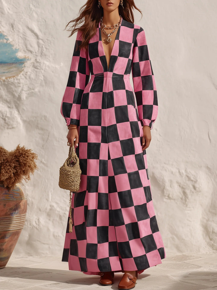 VALENTINA | PINK &amp; BLACK CHECKERBOARD FAUX-SUEDE MAXI DRESS