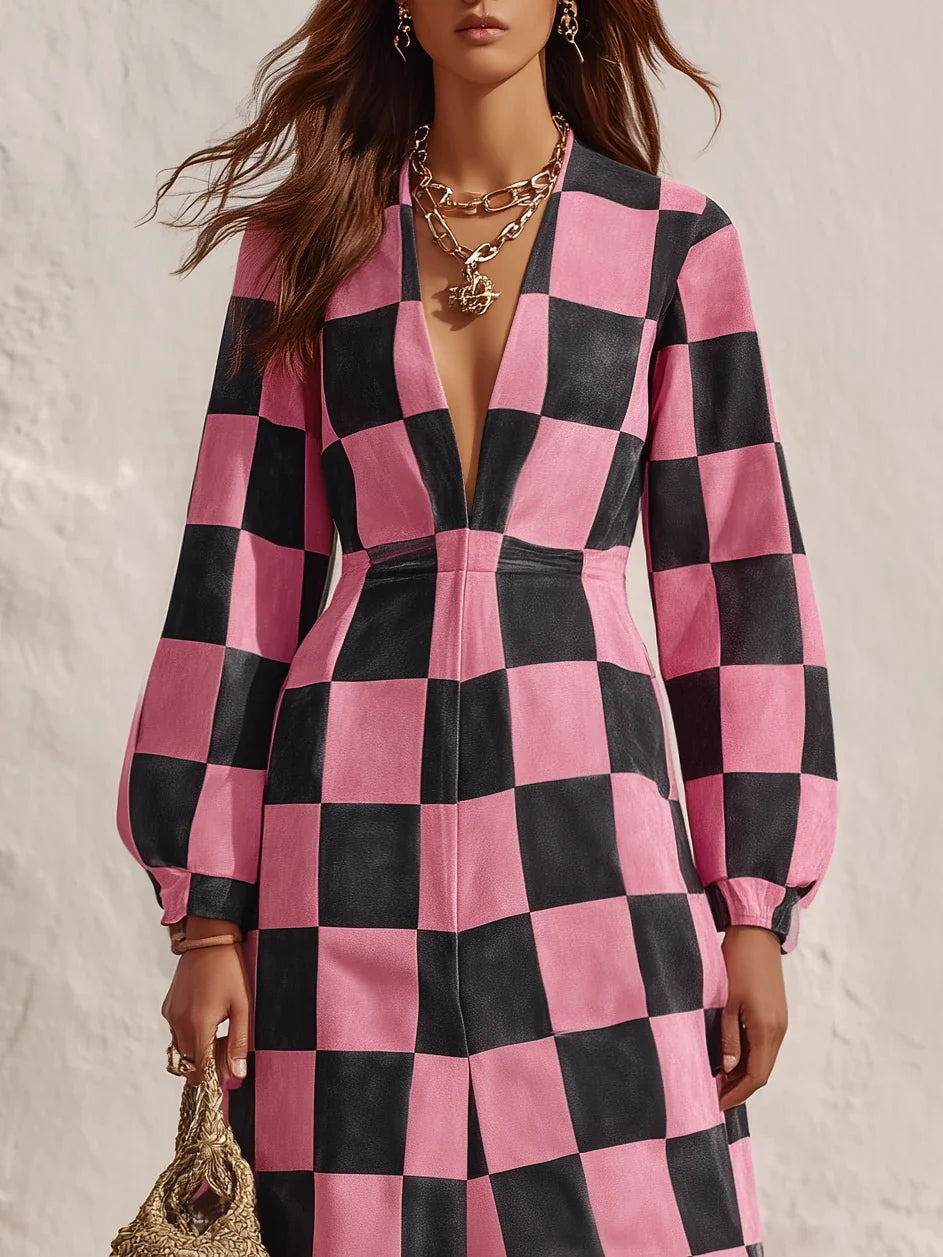 VALENTINA | PINK &amp; BLACK CHECKERBOARD FAUX-SUEDE MAXI DRESS