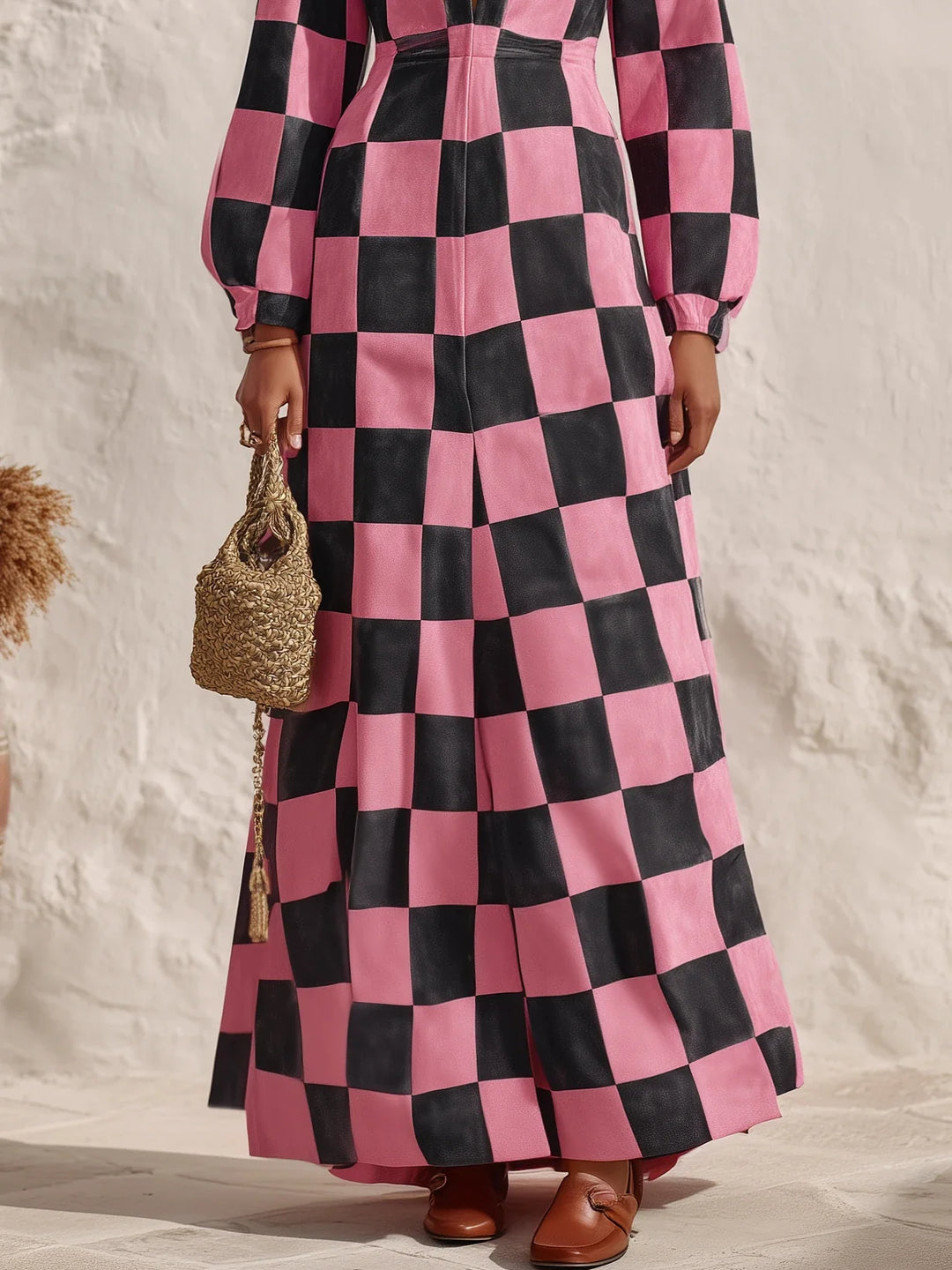 VALENTINA | PINK &amp; BLACK CHECKERBOARD FAUX-SUEDE MAXI DRESS