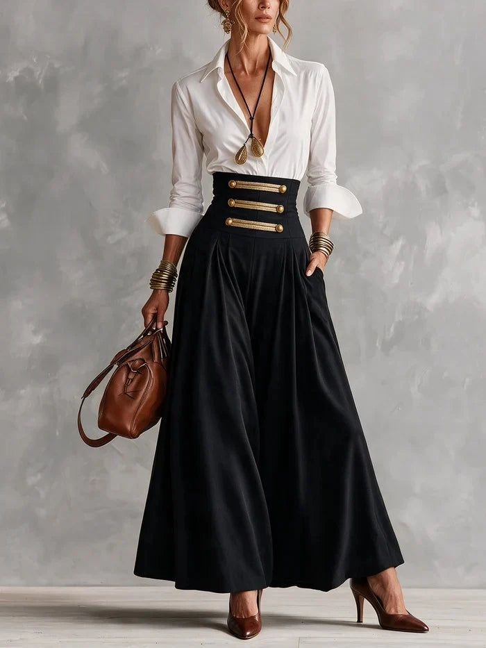 AMELIA | WHITE COLLAR SHIRT &amp; GOLD-BUTTON MAXI SKIRT SET