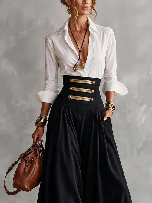 AMELIA | WHITE COLLAR SHIRT &amp; GOLD-BUTTON MAXI SKIRT SET