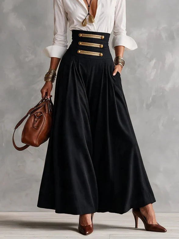 AMELIA | WHITE COLLAR SHIRT &amp; GOLD-BUTTON MAXI SKIRT SET