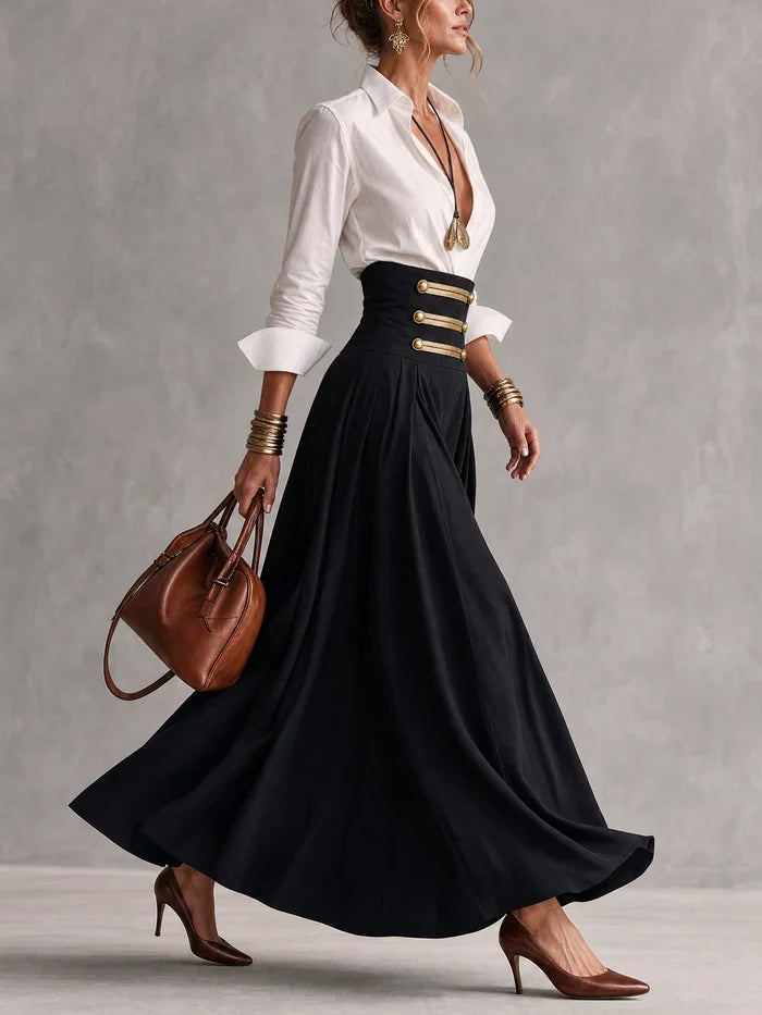 AMELIA | WHITE COLLAR SHIRT &amp; GOLD-BUTTON MAXI SKIRT SET