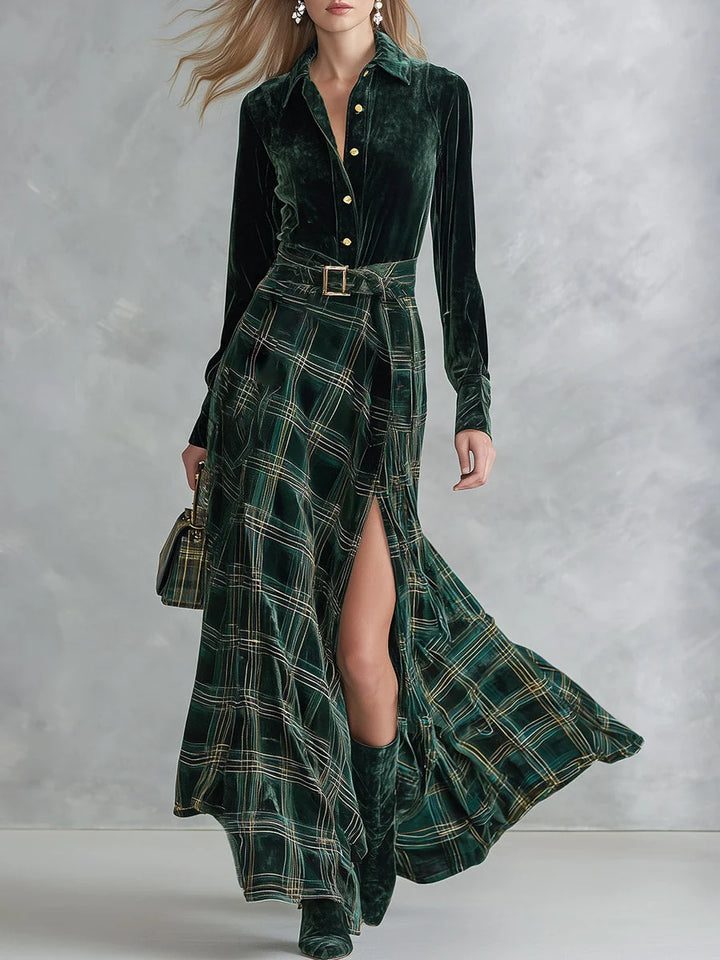 ISA | GREEN VELVET PLAID MAXI DRESS SET