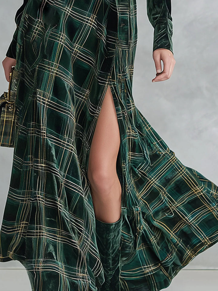 ISA | GREEN VELVET PLAID MAXI DRESS SET