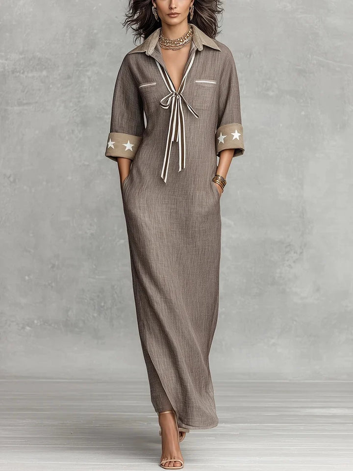MAREN | TAUPE STRIPED LINEN-BLEND MAXI DRESS