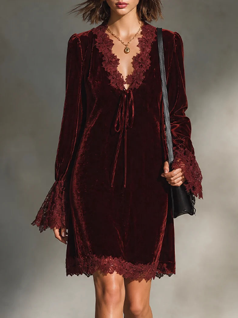 VIVETTE | BURGUNDY VELVET LACE-TRIM MINI DRESS