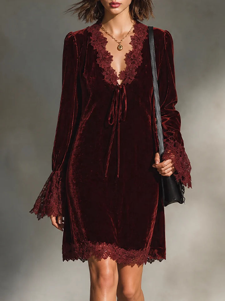VIVETTE | BURGUNDY VELVET LACE-TRIM MINI DRESS