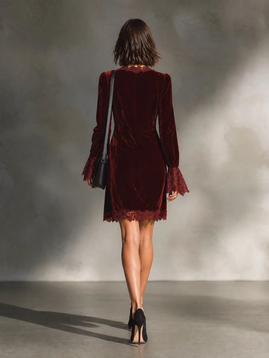VIVETTE | BURGUNDY VELVET LACE-TRIM MINI DRESS