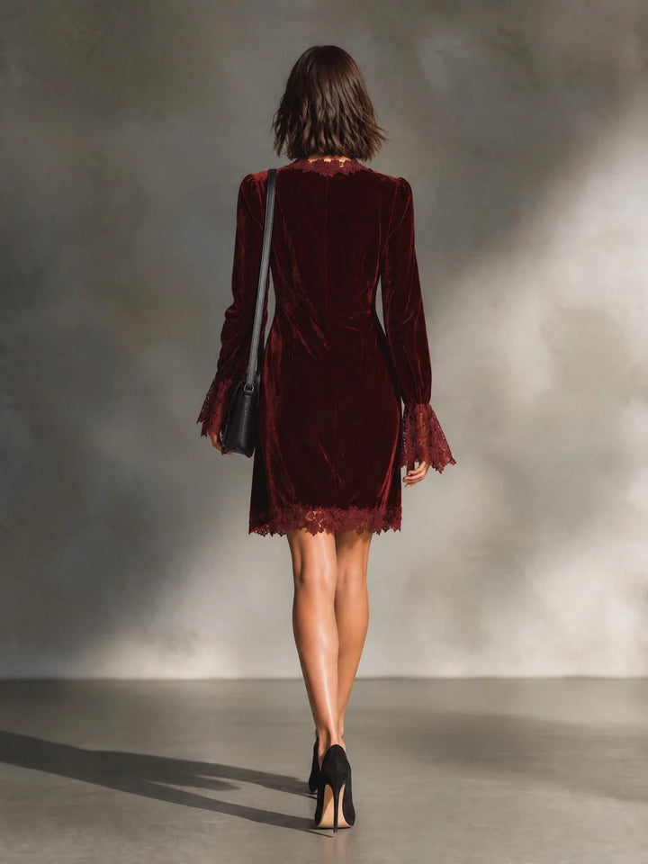 VIVETTE | BURGUNDY VELVET LACE-TRIM MINI DRESS