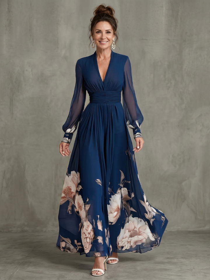 ZIVA | PLEATED SHEER-SLEEVE MAXI DRESS