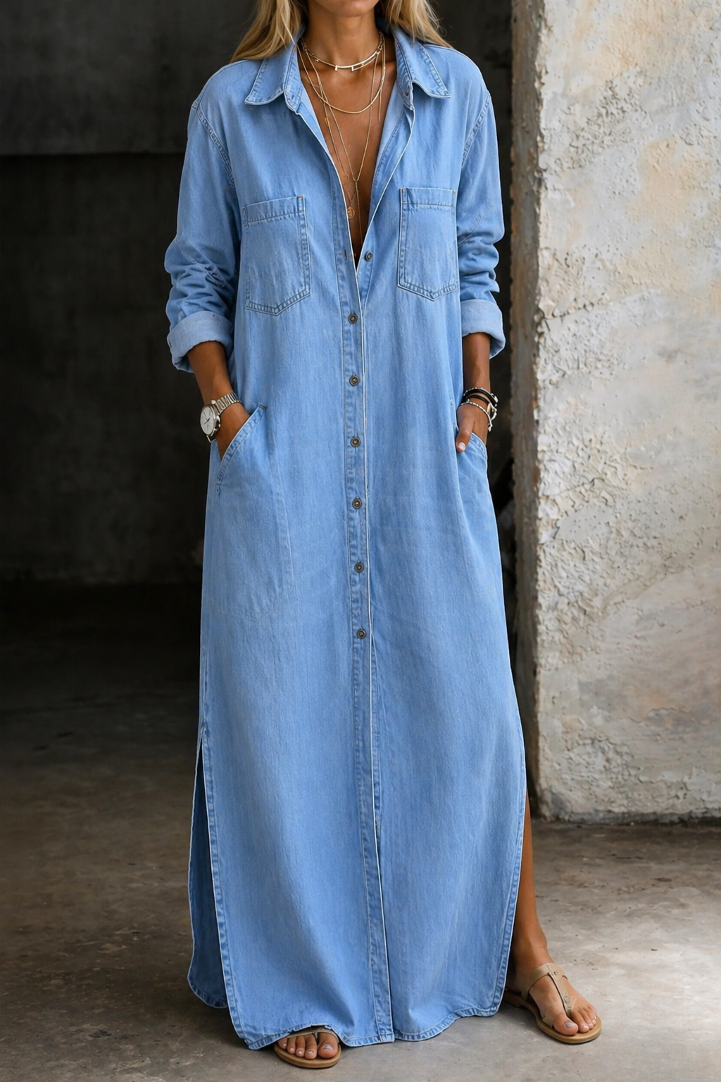 ELENA | DENIM-STYLE BUTTON-FRONT MAXI DRESS