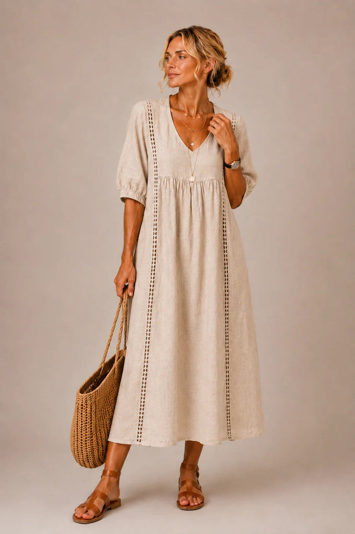 BROOKLYN | LACE-TRIMMED FLOWING V-NECK MIDI DRESS