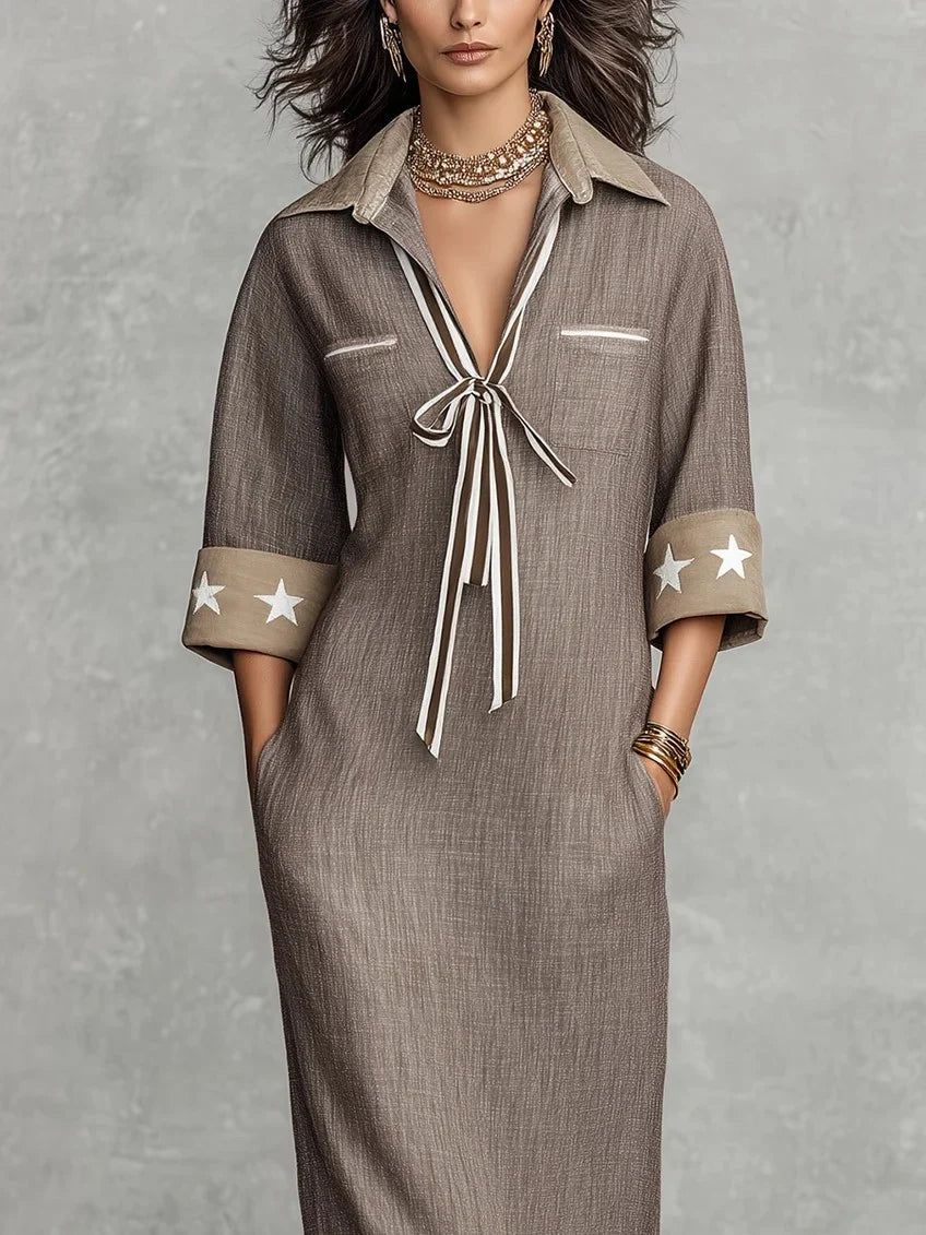 MAREN | TAUPE STRIPED LINEN-BLEND MAXI DRESS