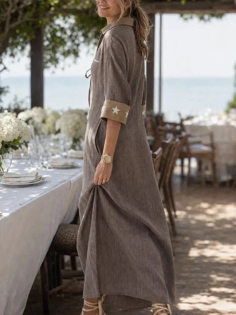 MAREN | TAUPE STRIPED LINEN-BLEND MAXI DRESS