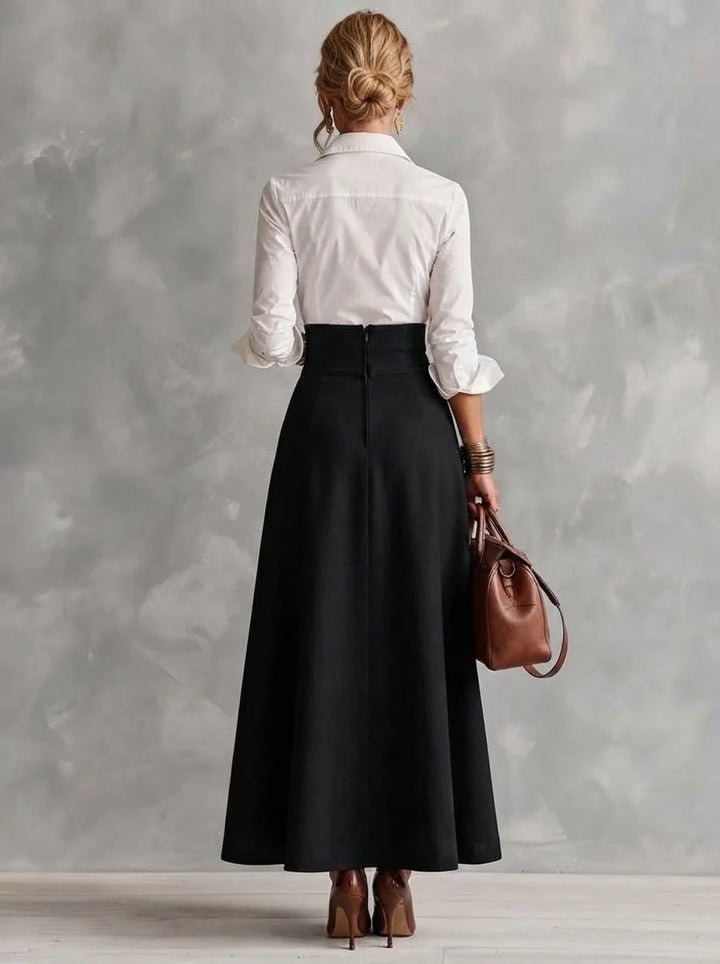 AMELIA | WHITE COLLAR SHIRT &amp; GOLD-BUTTON MAXI SKIRT SET
