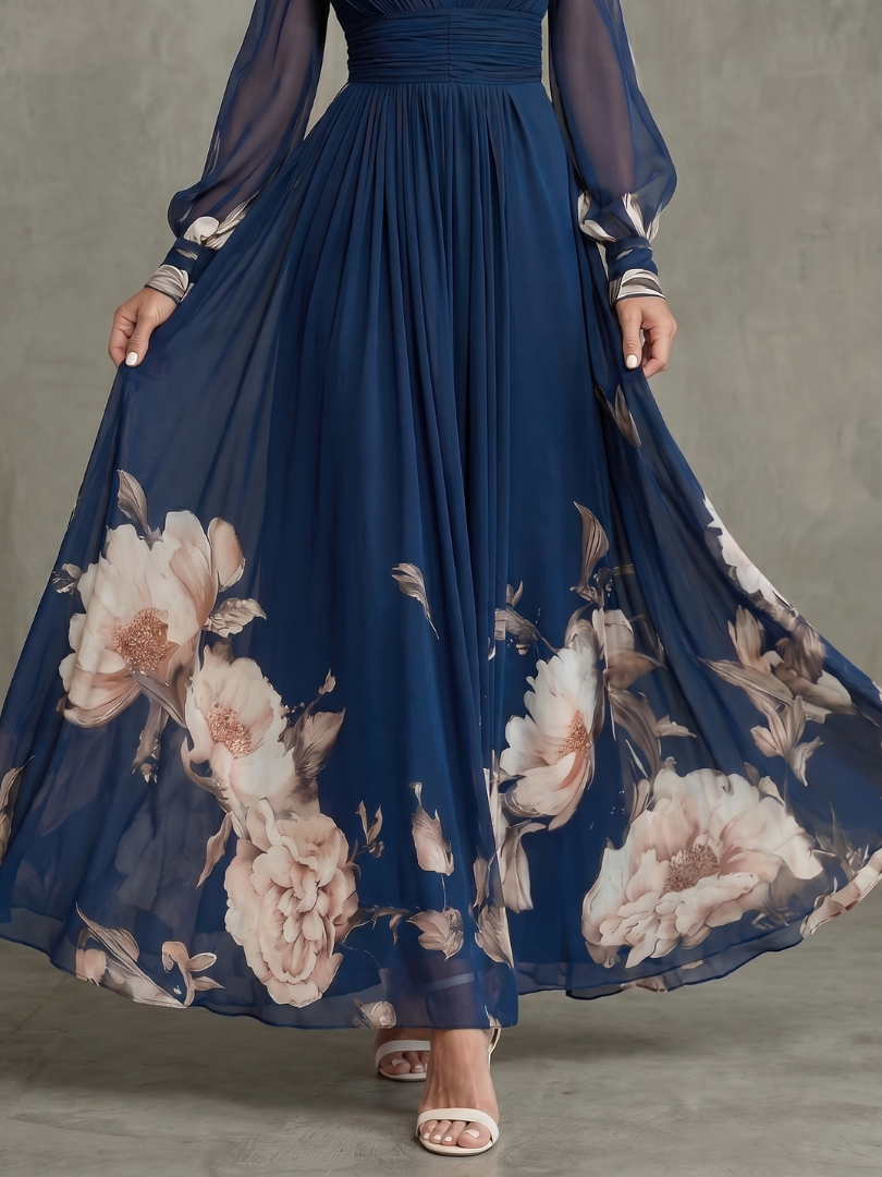 ZIVA | PLEATED SHEER-SLEEVE MAXI DRESS