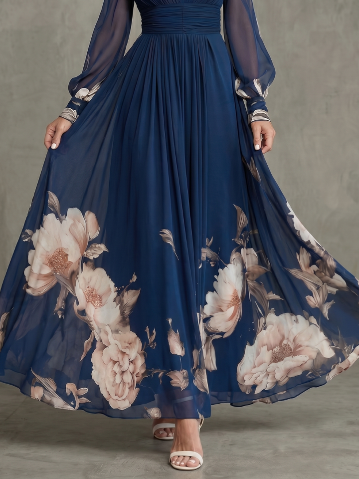 ZIVA | PLEATED SHEER-SLEEVE MAXI DRESS