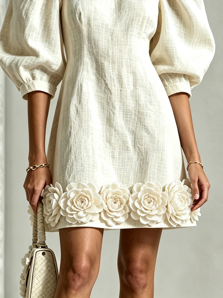 ALINA | 3D FLORAL PUFF-SLEEVE MINI DRESS