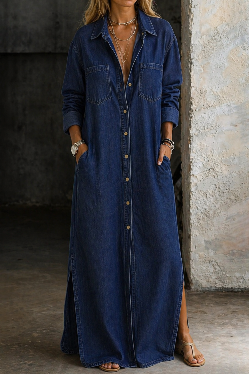 ELENA | DENIM-STYLE BUTTON-FRONT MAXI DRESS