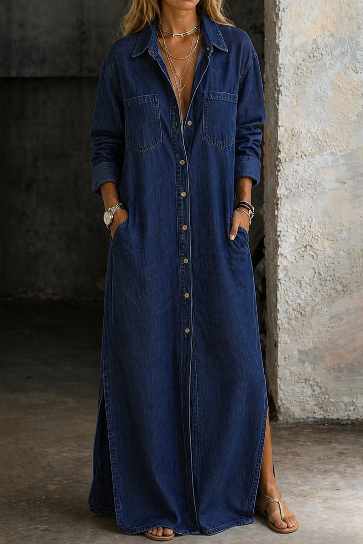 ELENA | DENIM-STYLE BUTTON-FRONT MAXI DRESS
