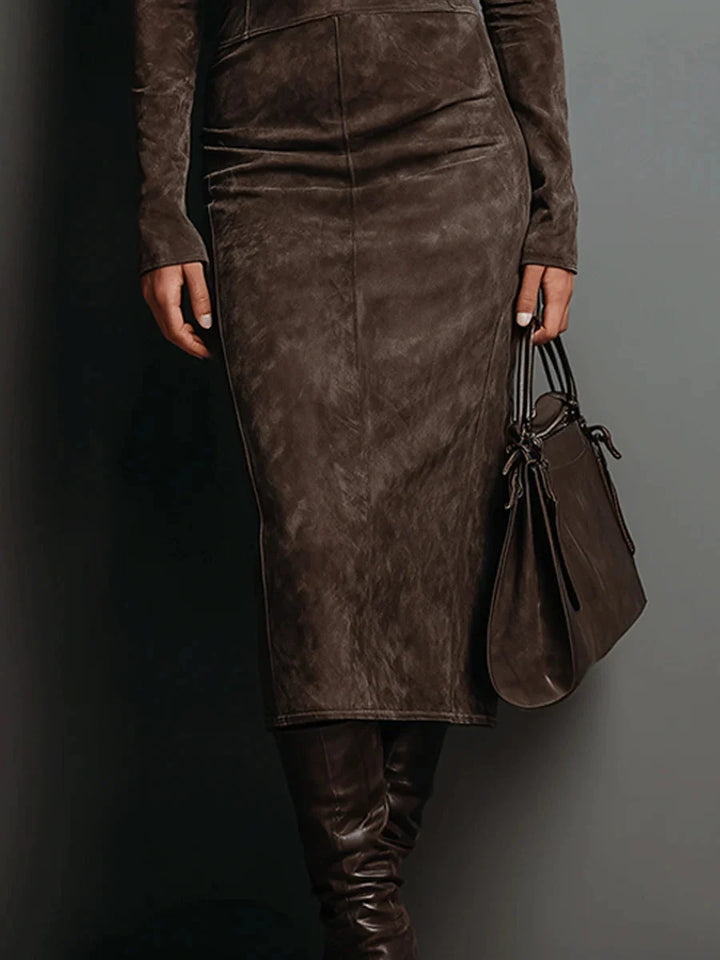 ADRIANA | HIGH-NECK SUEDE MIDI DRESS