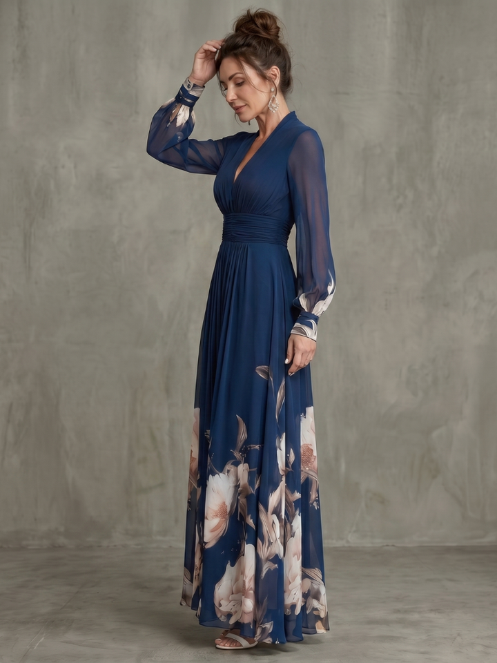 ZIVA | PLEATED SHEER-SLEEVE MAXI DRESS