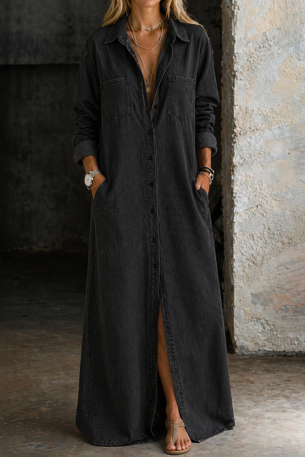 ELENA | DENIM-STYLE BUTTON-FRONT MAXI DRESS
