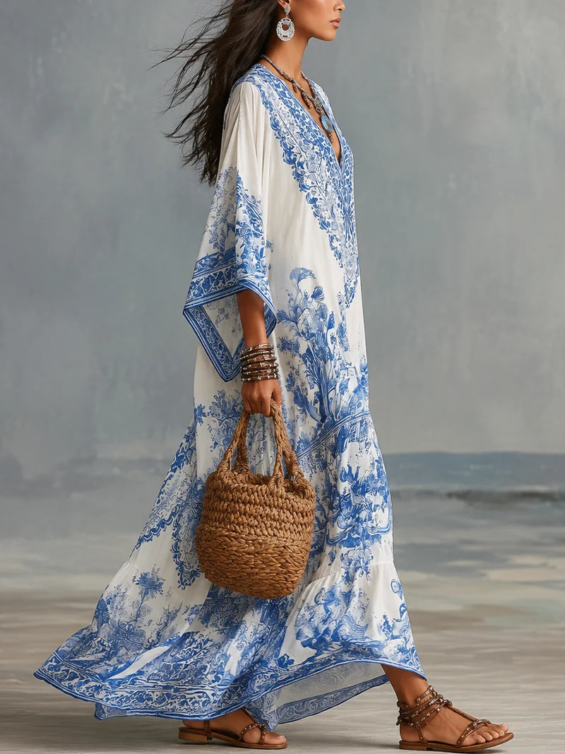 IRIS | BLUE PORCELAIN PRINT V-NECK DRESS