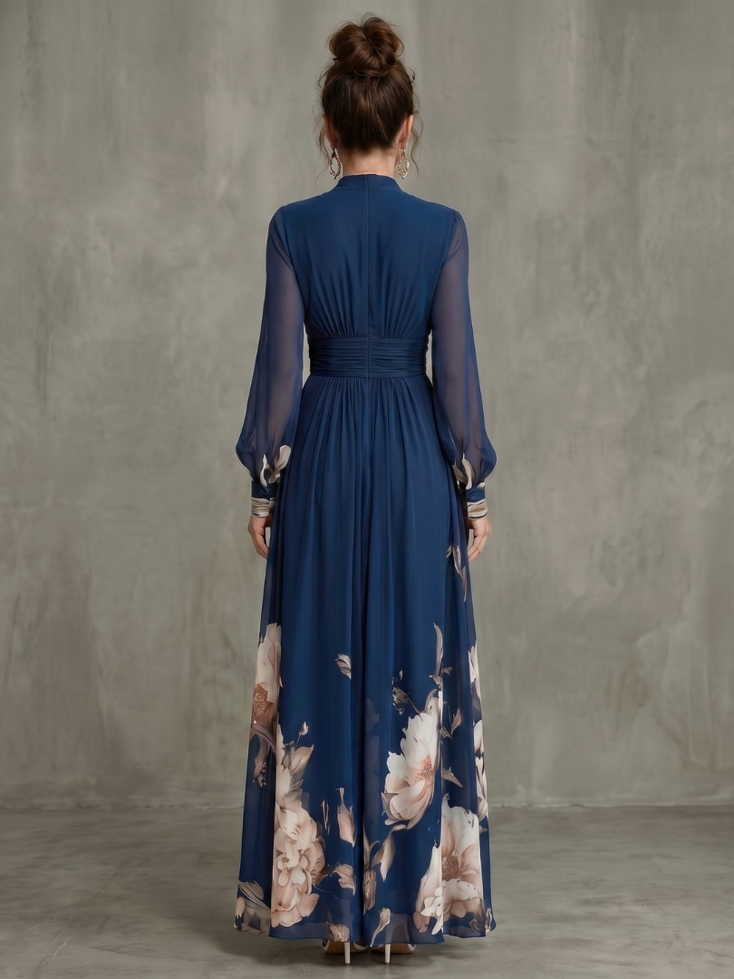 ZIVA | PLEATED SHEER-SLEEVE MAXI DRESS