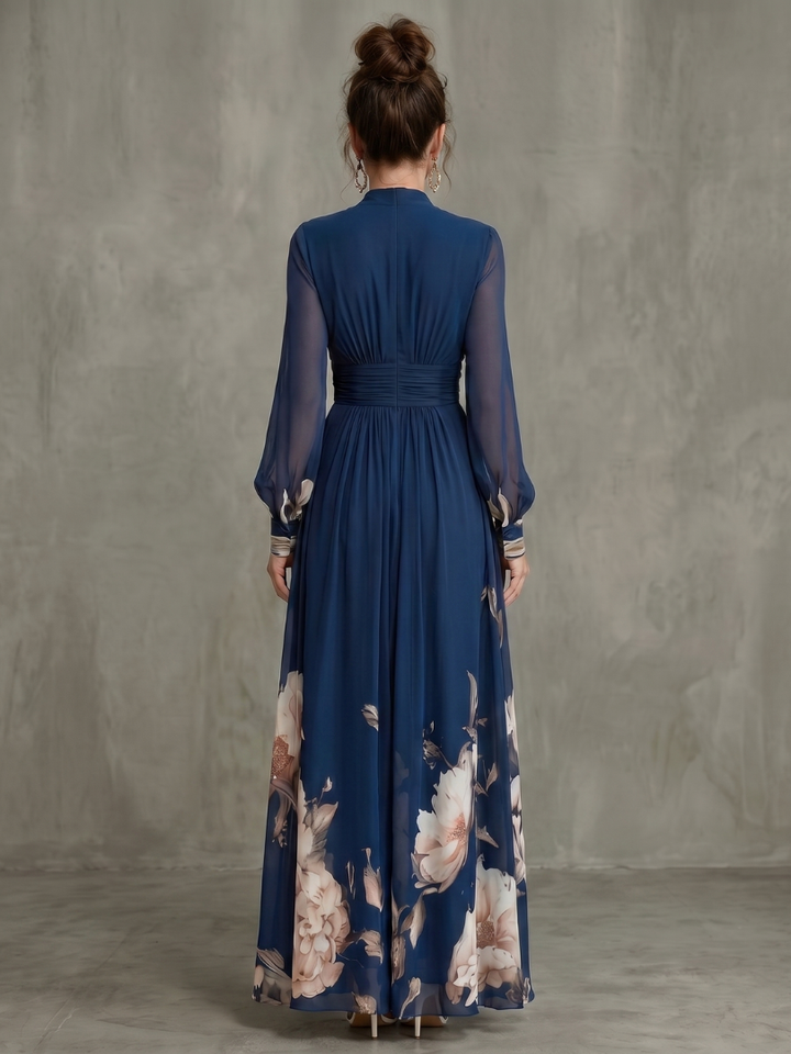 ZIVA | PLEATED SHEER-SLEEVE MAXI DRESS